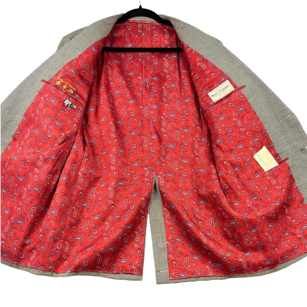 Vintage Wang's Fashions Blazer Men 44 Black White Houndstooth Red Paisley Lining